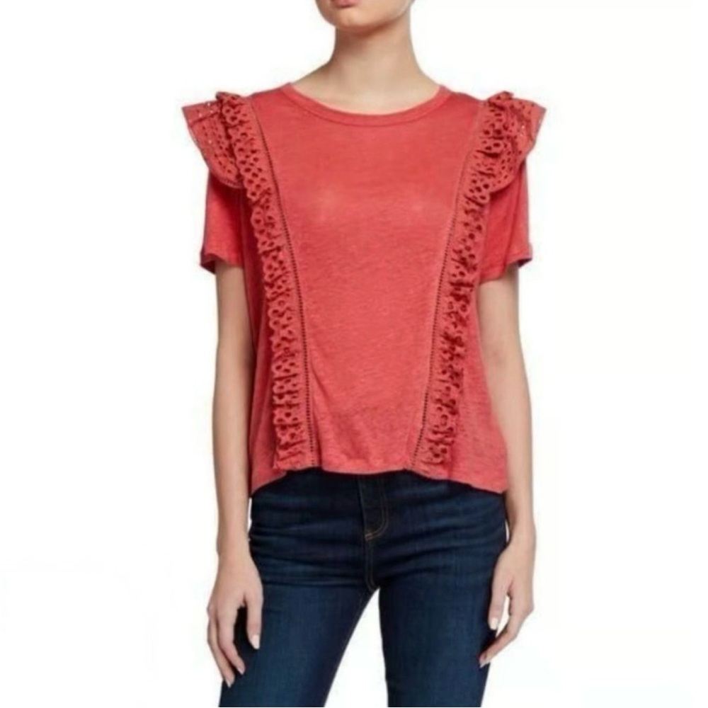 Veronica Beard Prema Eyelet Crewneck Tee in Faded Rose size Medium Ruffle Linen
